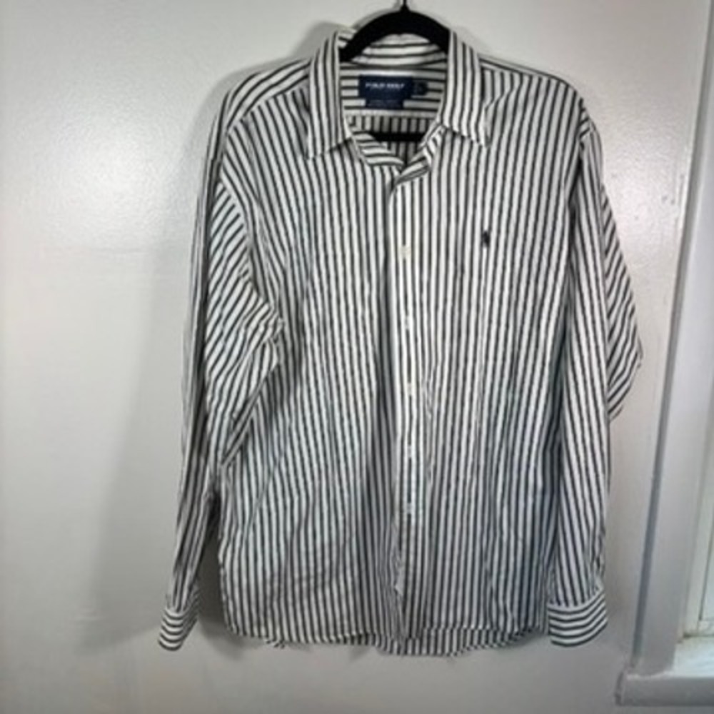 VTG Polo Golf Ralph Lauren Button Up Mens Sz L White Striped‎ Lowell Sport Shirt